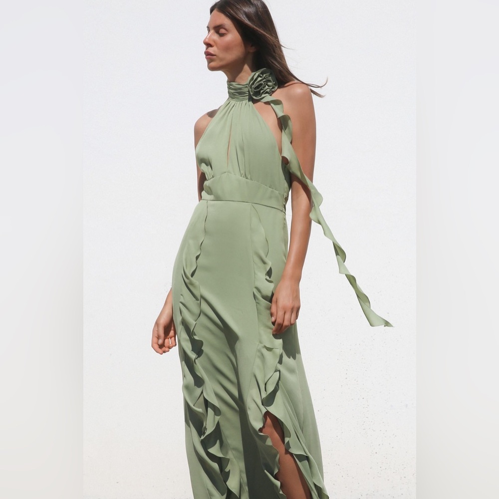 Zara Halter Neck Dress With Floral Ruffles